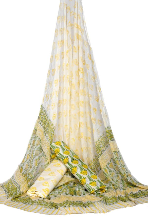 Hand Block Print Cotton Suit With Chiffon Dupatta