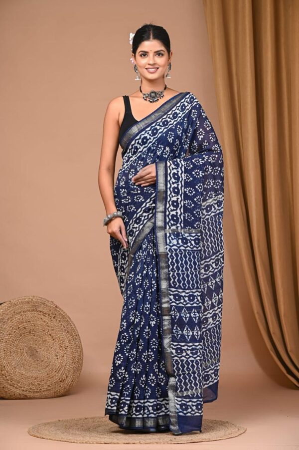 Hand Block Print Linen Cotton Saree