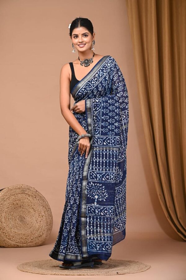 Hand Block Print Linen Cotton Saree