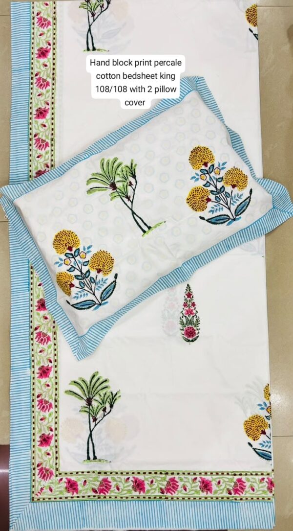 Block Print Percale Bed Sheet With 2 Pillows