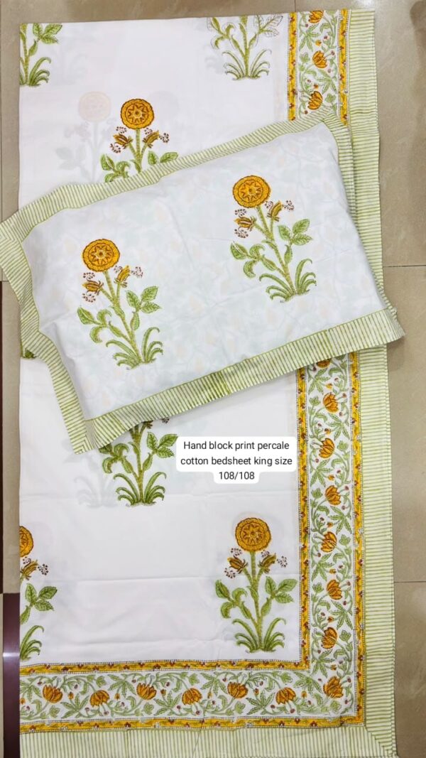 Block Print Percale Bed Sheet With 2 Pillows