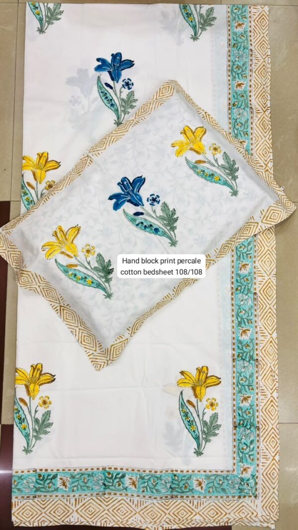 Block Print Percale Bed Sheet With 2 Pillows