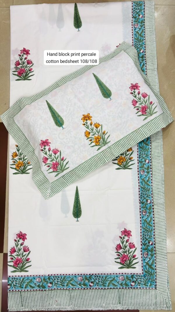 Block Print Percale Bed Sheet With 2 Pillows
