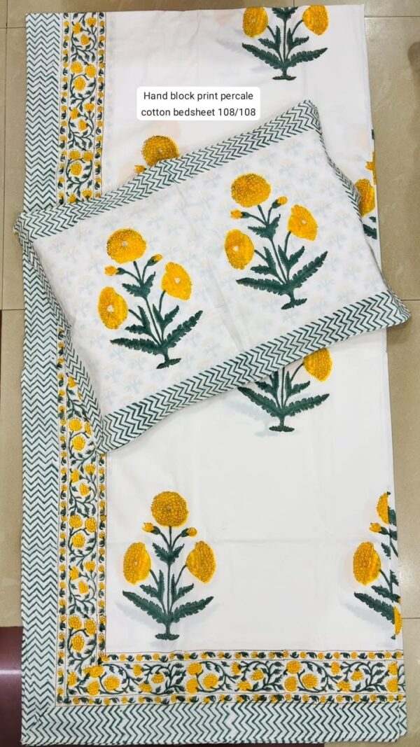 Block Print Percale Bed Sheet With 2 Pillows