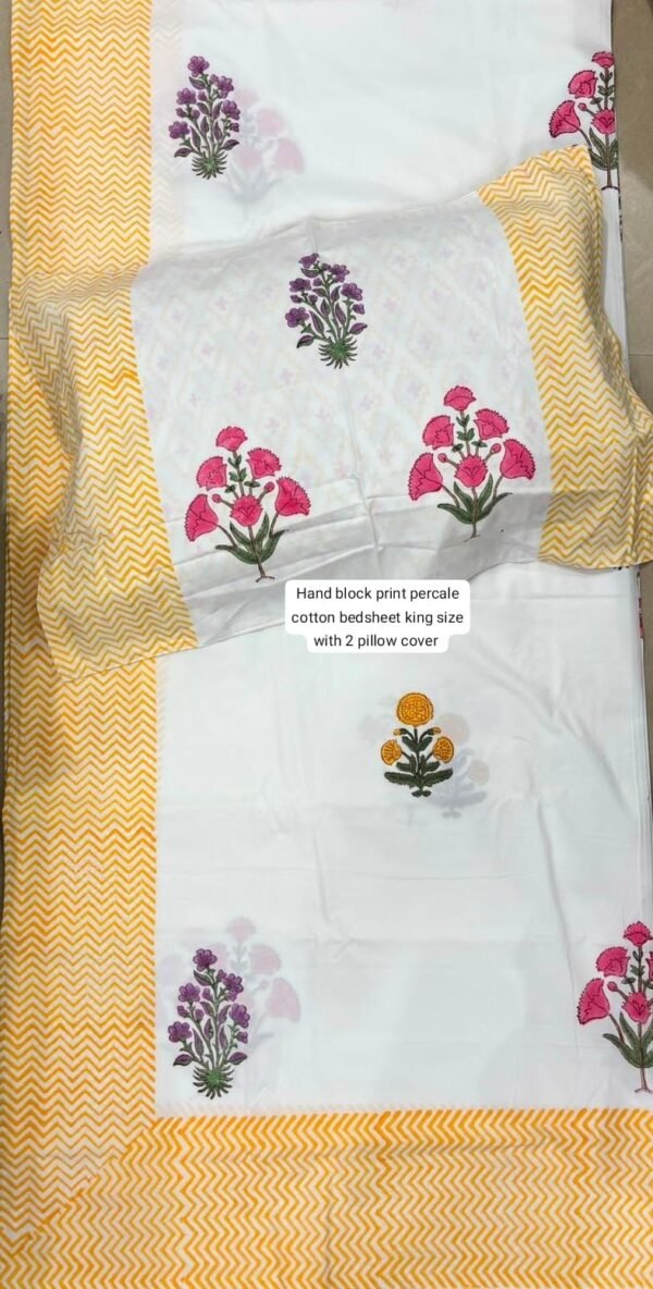 Block Print Percale Bed Sheet With 2 Pillows