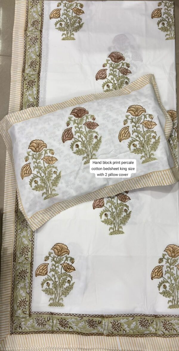 Block Print Percale Bed Sheet With 2 Pillows