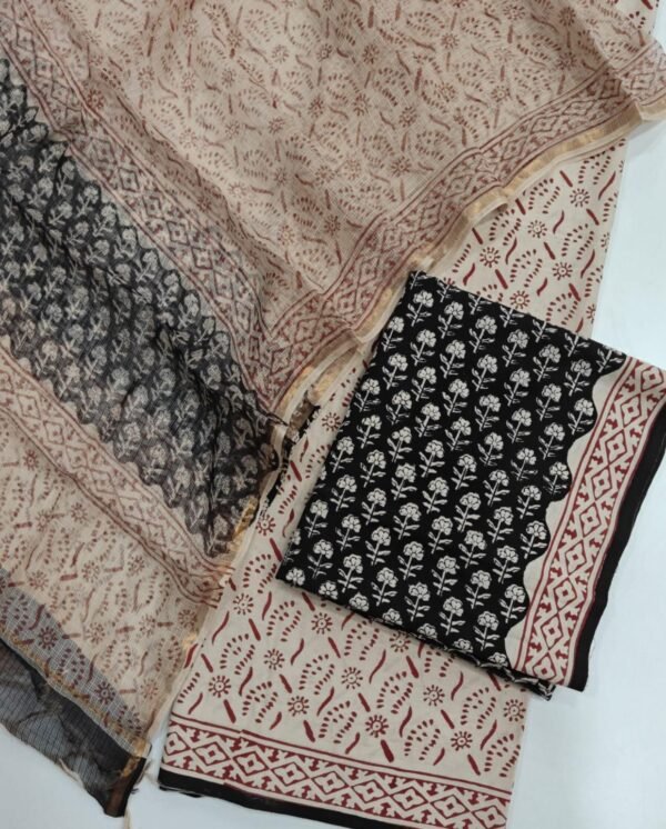 Block Print Cotton Suit With kota Doriya Dupatta