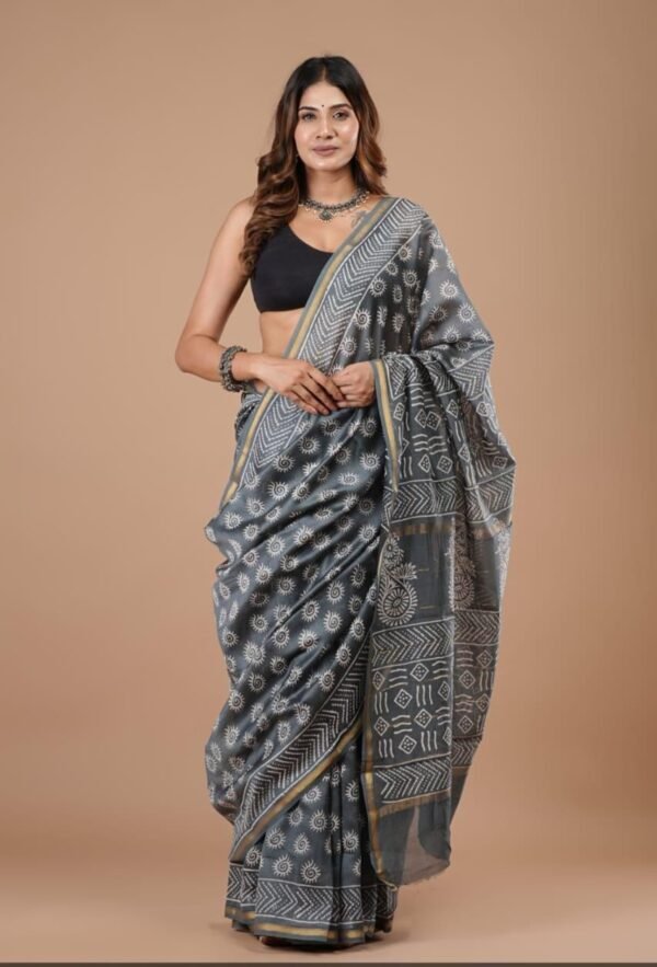 Hand Block Print Chandri Silk Saree