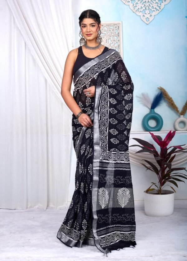 Hand Block Print Linen Cotton Saree