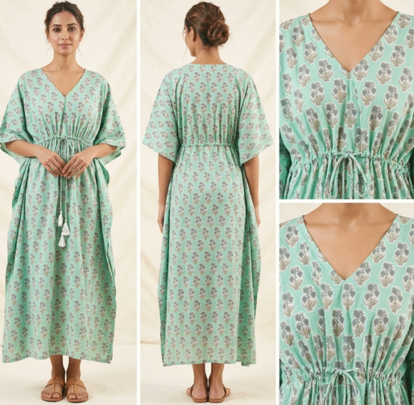 Mint Green & Grey Jaipuri Print Long Kaftan - Copy