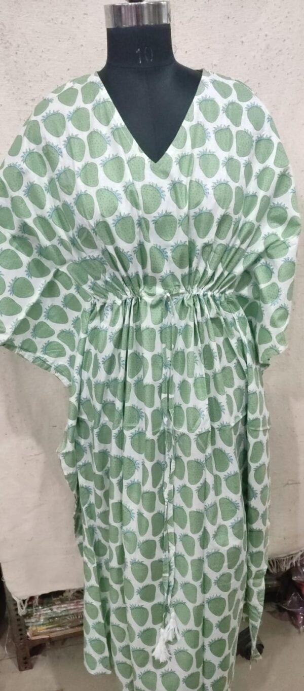 Green Hand Block Printed Cotton Kaftan
