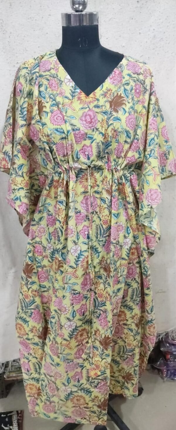 Yellow Pink Floral Block Print Kaftan