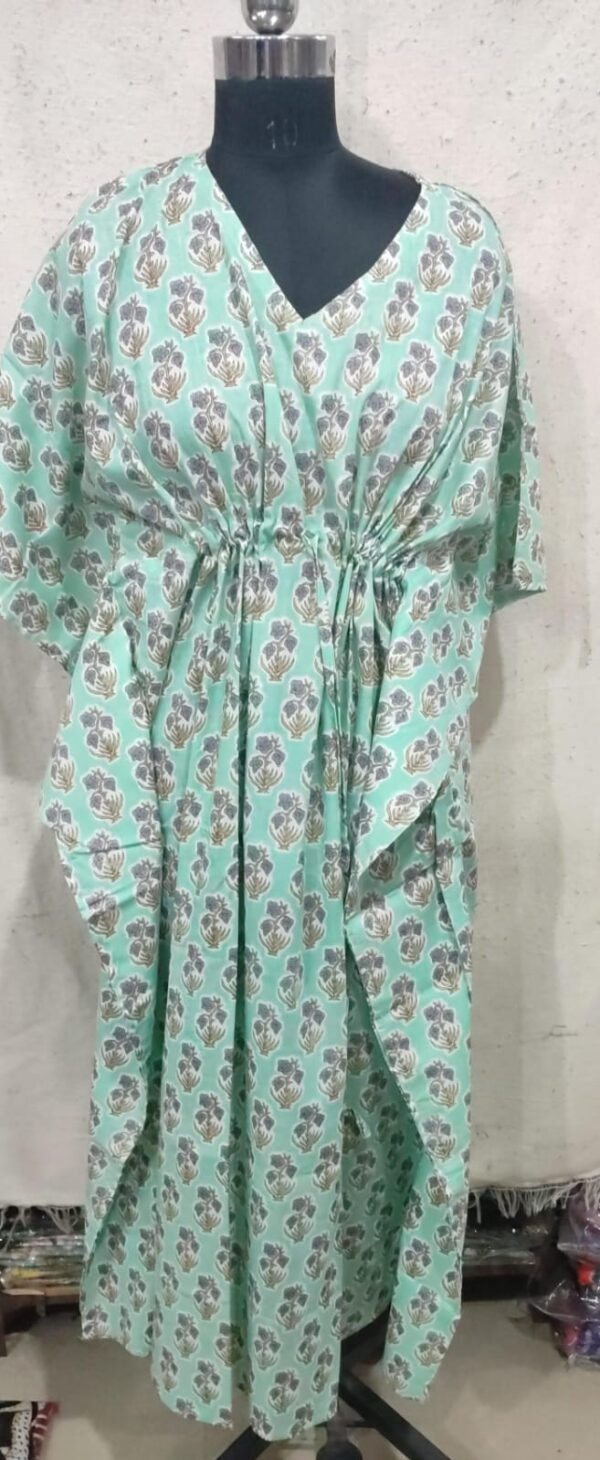 Mint Green & Grey Jaipuri Print Long Kaftan,